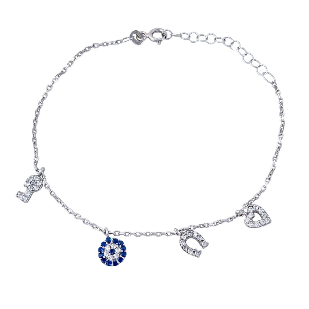 Vintage Sterling Silver 925 Iolite and Cubic Zirconia Charm Bracelet 6.5"-7.5"